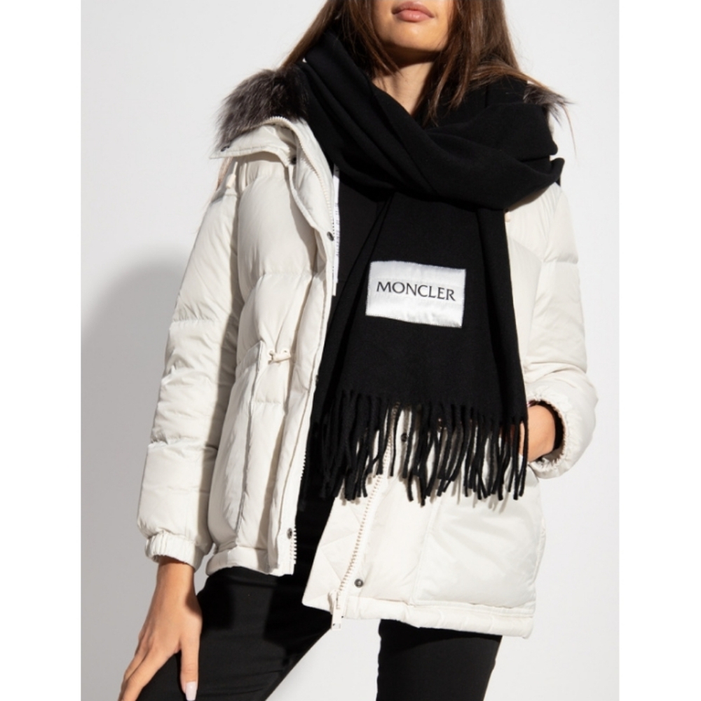 Moncler Fringe Black Wool Wide Large Scarf 72" X 28"Gently worn